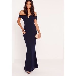 Missguided Navy V plunge Bardot mermaid dress